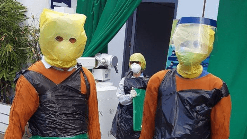 Laguna Health Workers wear trash bags as improvised PPE